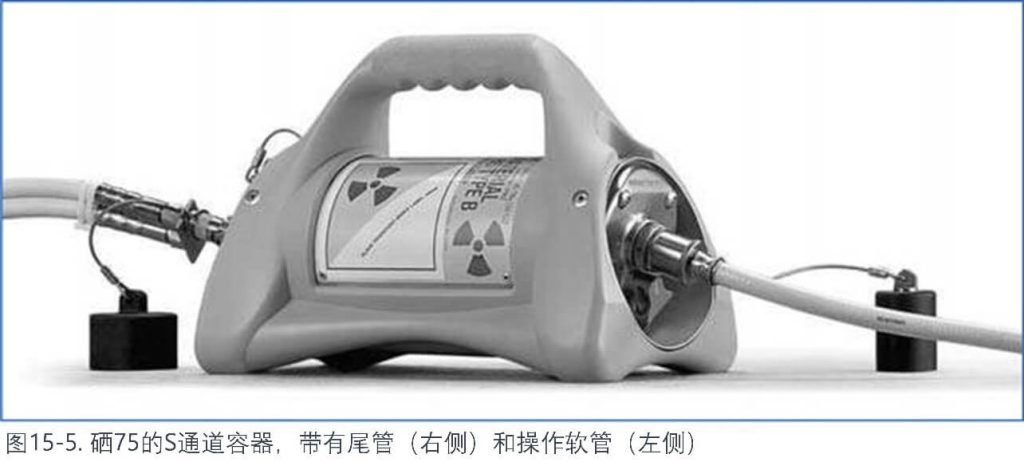 硒75的S通道容器，帶有尾管 (右側) 和操作軟管 (左側)